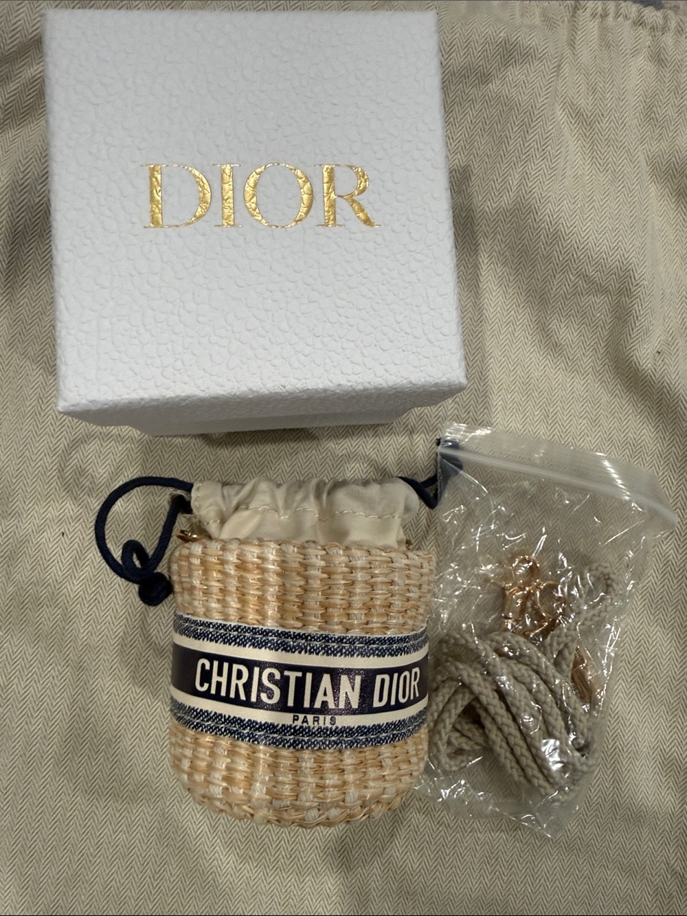 Dior Mini Straw Drawstring Bag with Navy Logo Band